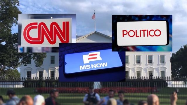 News logos CNN, MS NOW, and POLITICO over the White House lawn in Washington, D.C.