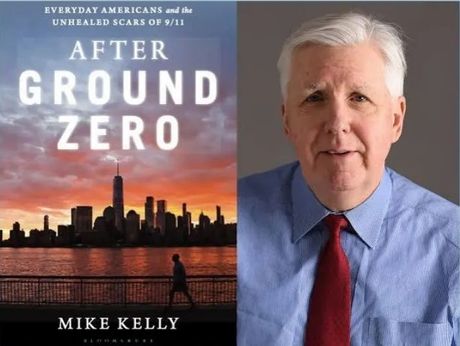 Book cover for After Ground Zero by Mike Kelly, showing a city skyline and a man in a blue shirt with a red tie.