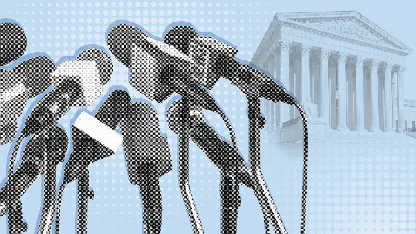 Metallic human figures march together beside a classical courthouse on a blue background.