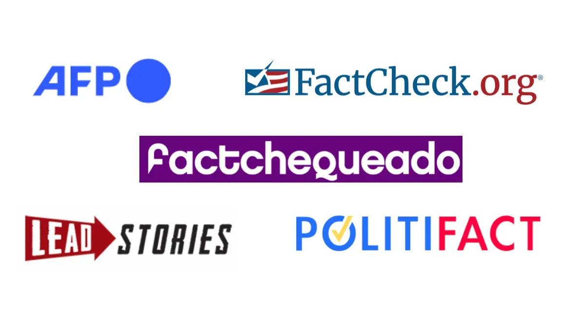Logos of AFP, FactCheck.org, Factchequeado, Lead Stories, and PolitiFact on a white background