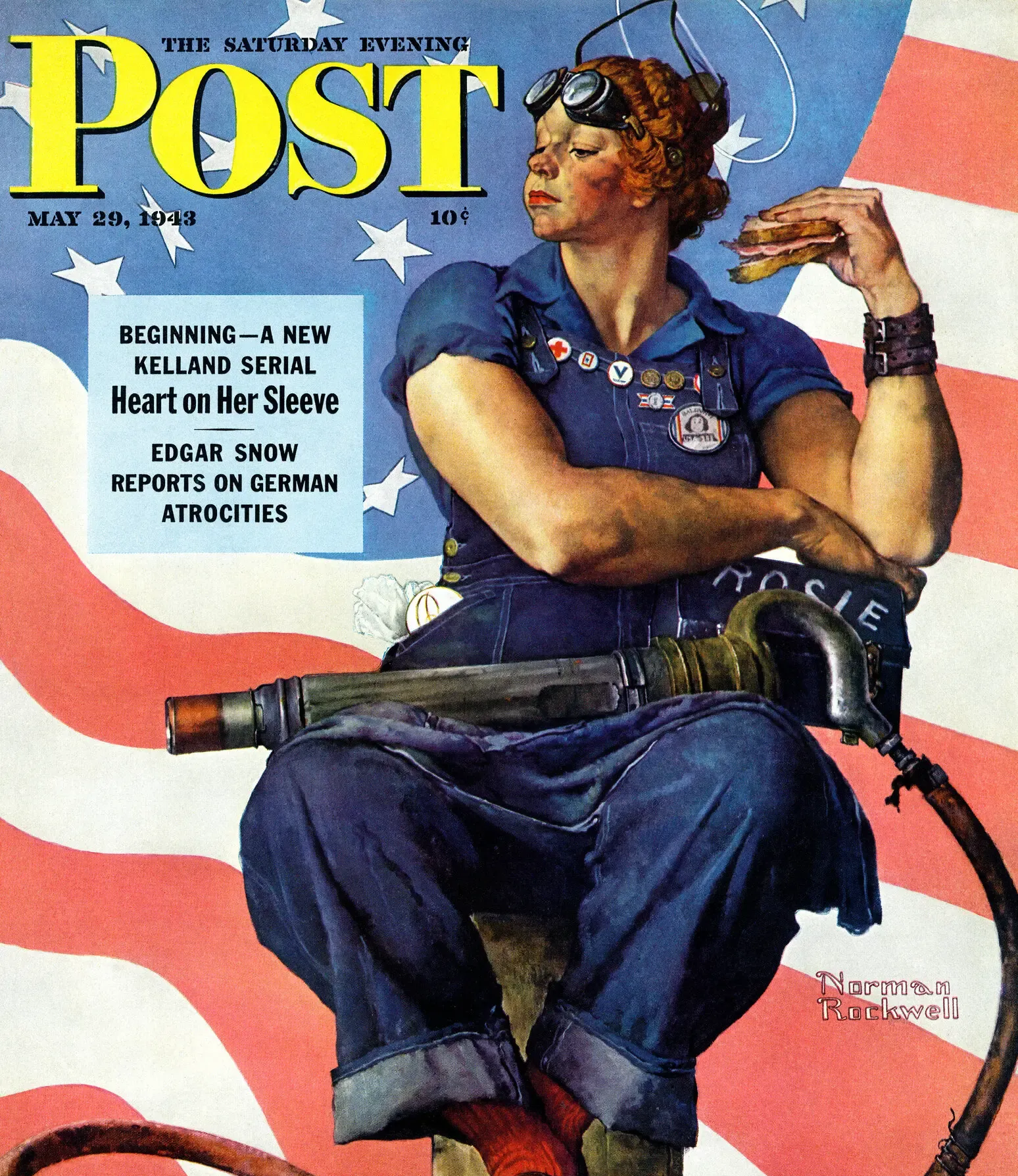 Magazine cover of a seated postal worker in blue uniform against an American flag background