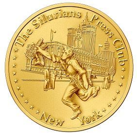Gold coin: A running figure carries another, with a building in the background. 