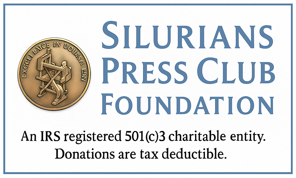 Logo of the Silurians Press Club Foundation with text: An IRS registered 501(c)3 charitable entity. Donations are tax deductible.