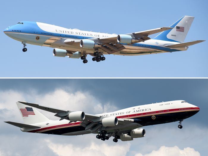 Two side-view photos of a US government jet in flight, white with blue and red striping.
