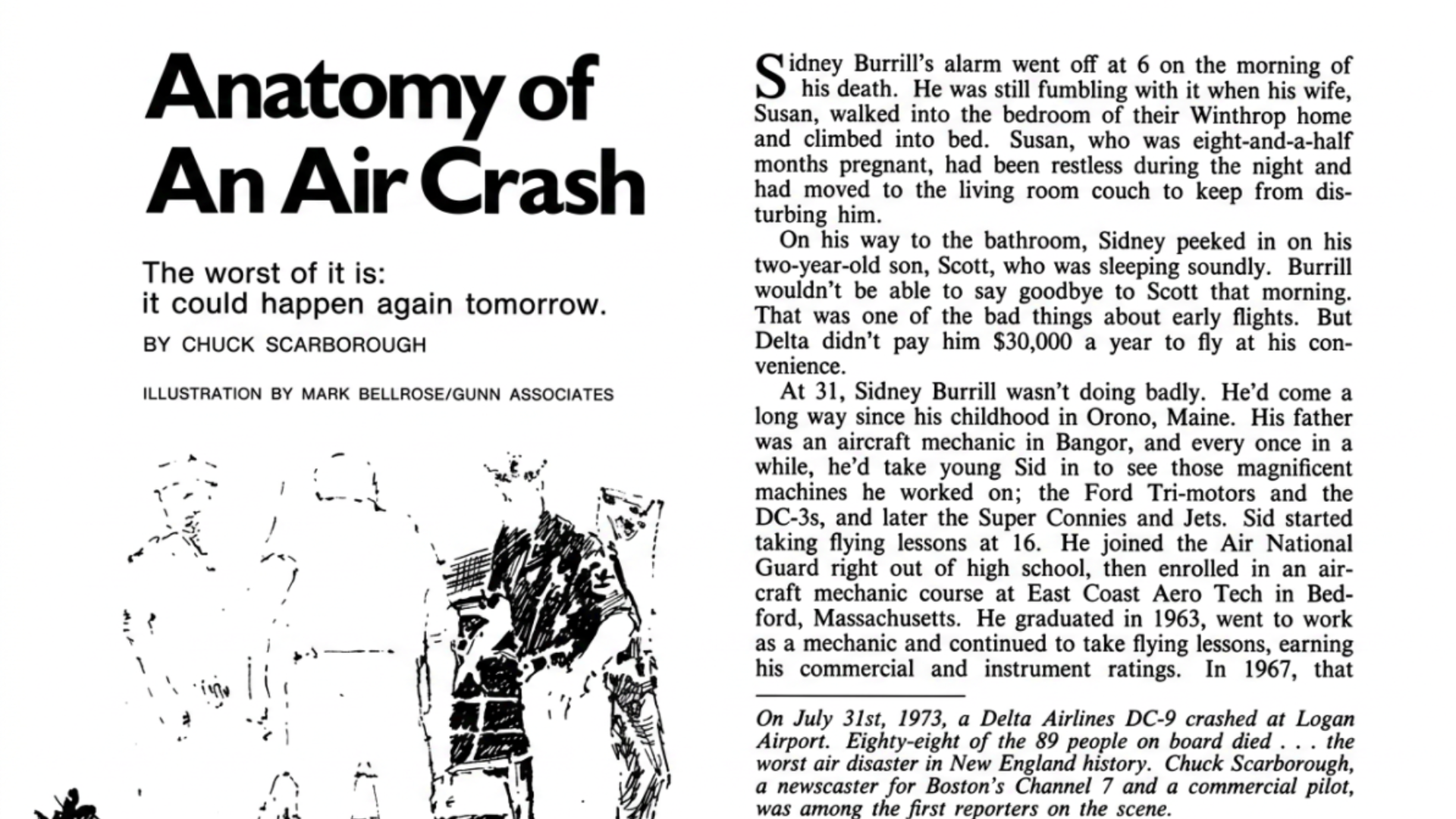 Newspaper page with headline “Anatomy of an Air Crash” and columns of article text with a small chart.