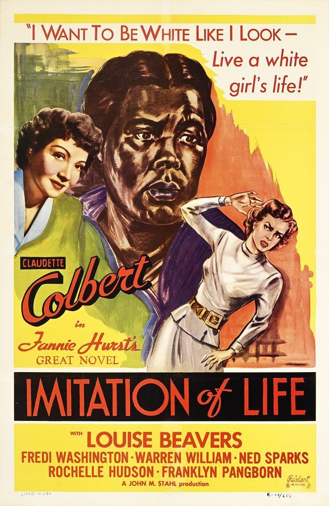 Vintage film poster for *Imitation of Life* with three illustrated characters and bold orange-red lettering