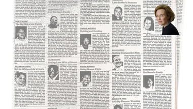 Magazine page with multiple small author headshots and article columns, plus a larger portrait inset in the top right.