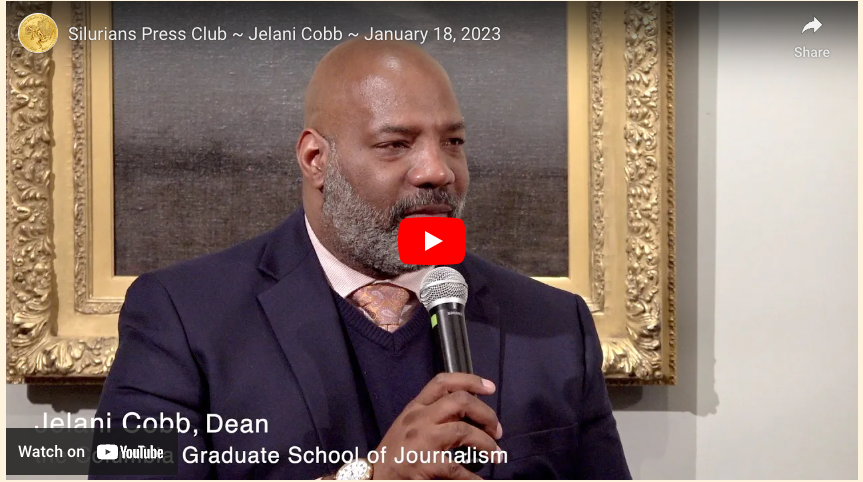 A man in a suit speaks into a microphone. Video title at the top: “Shakura Press Club – Jelani Cobb – January 18 2023.”