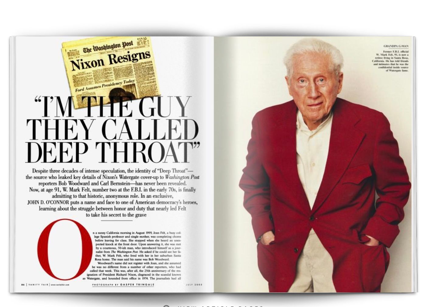 Magazine spread with a cover headline and a portrait of a man in a red jacket on a white background