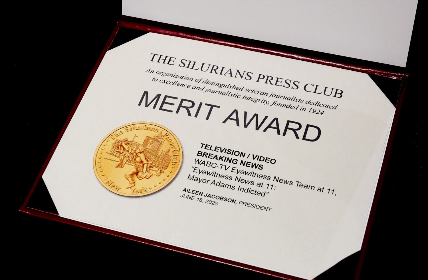 Merit Award certificate with gold seal, presented by The Silurians Press Club. Red border.