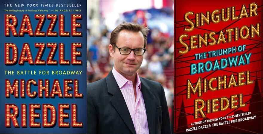 Author Michael Riedel with book covers for 
