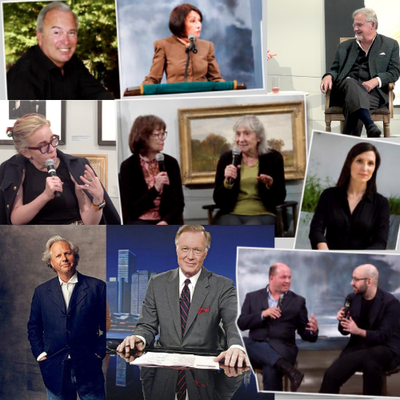 Collage: black artist, people at a gallery; two women with dog; two men, author with book cover, smiling woman and man.
