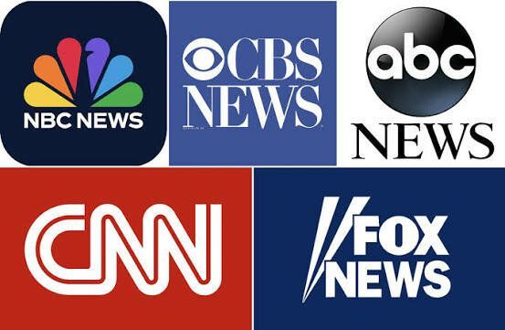 Collage of NBC News, CBS News, ABC News, CNN, and Fox News logos on blue and red backgrounds