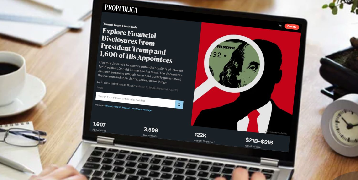 Laptop displaying a dark-themed webpage with a red-and-black profile illustration on screen