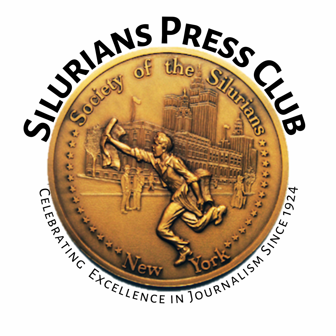 The Silurians Press Club logo: a bronze medal with a running figure, skyscrapers, and text.