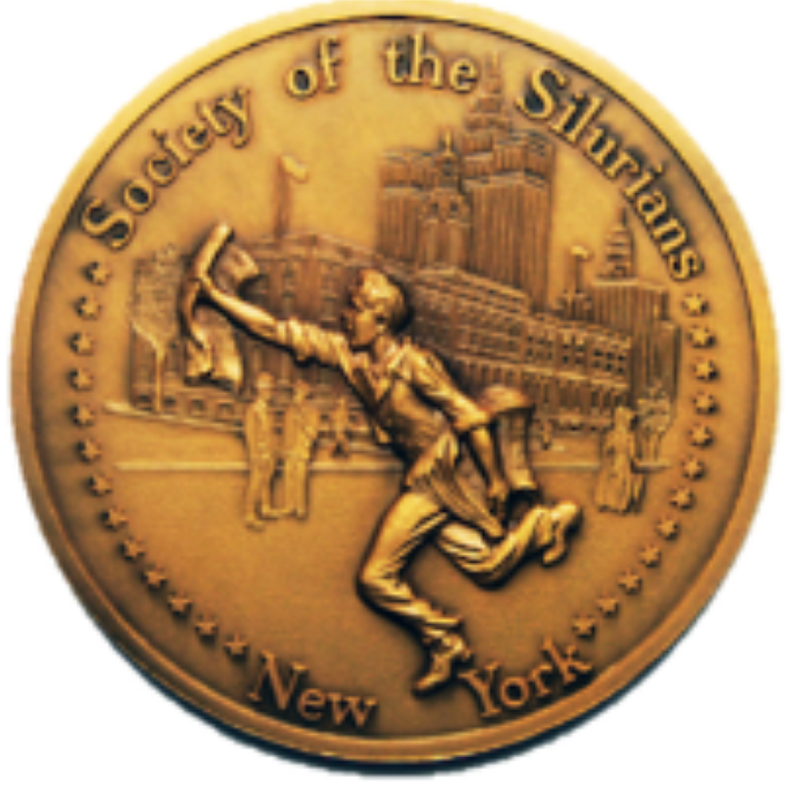 Bronze medal of the Society of the Silurians, New York. A man runs, waving papers; buildings in background.