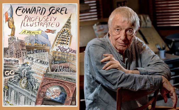 Edward Sorel, artist, sits near his work. Book cover shows watercolor illustrations of New York City and other works.