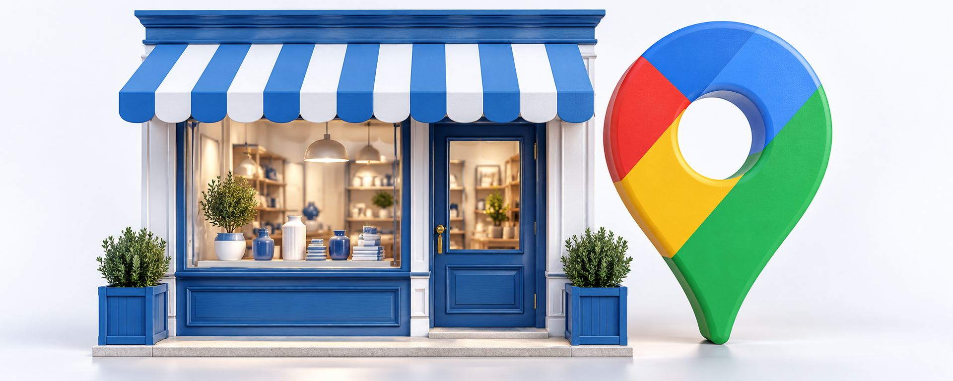 Blue-and-white shopfront beside a Google-coloured map pin.