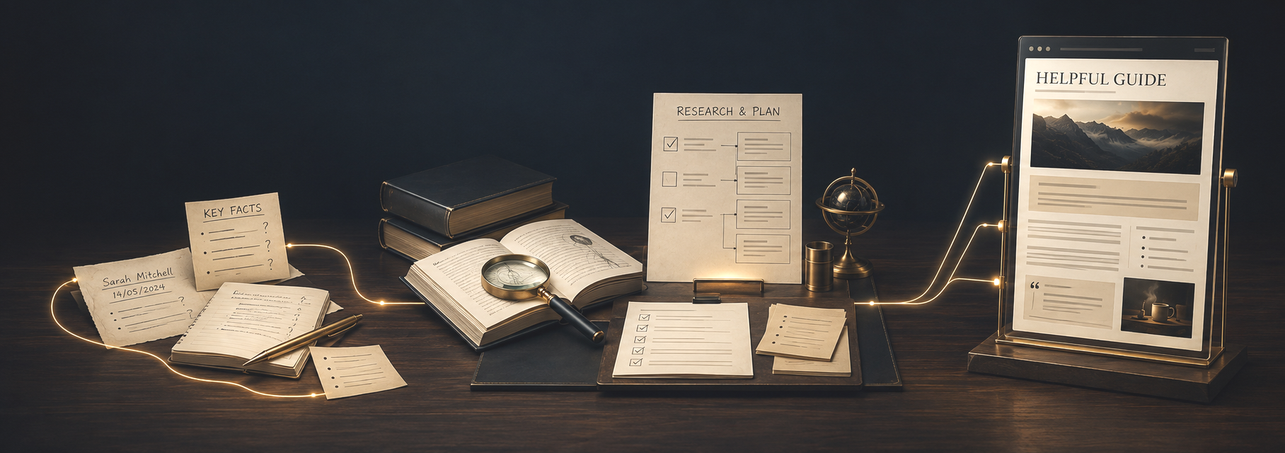 Rough business notes transformed through research and planning into authoritative website content. website-seo.co.uk