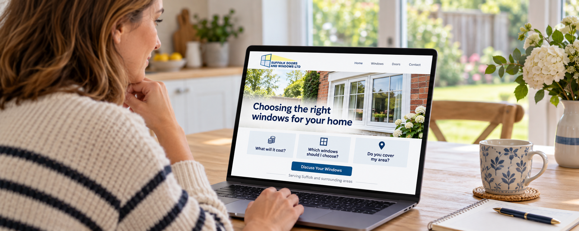 Homeowner viewing a Suffolk Doors and Windows webpage answering questions about window choices, costs and service areas. Modern seo helping people first.