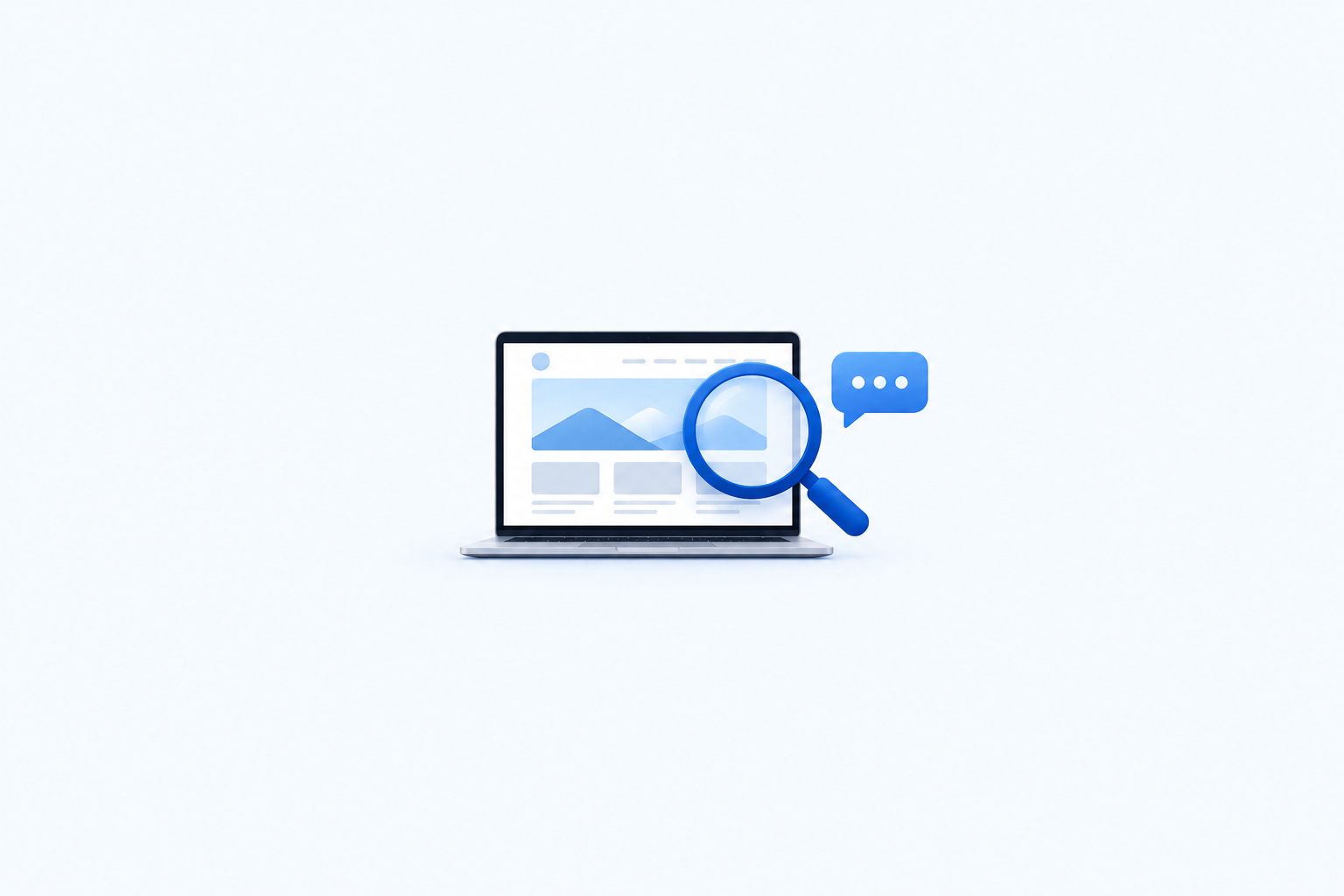 Laptop displaying a website with a magnifying glass and customer enquiry icon on a blue background.