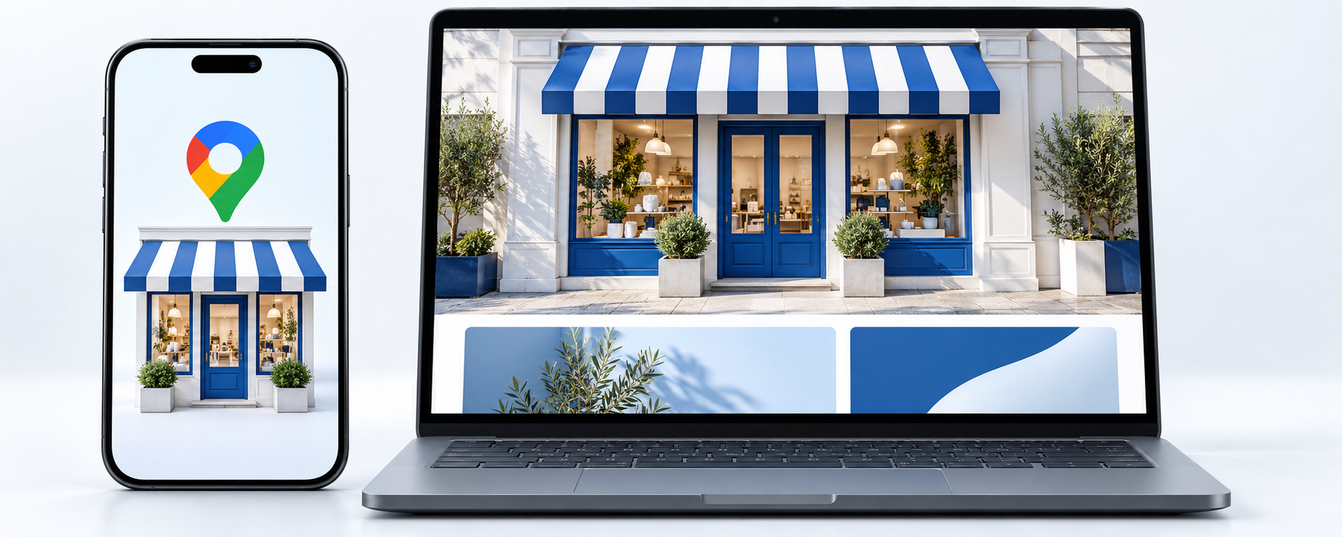 Smartphone displaying a shop and map pin beside a laptop showing the shop’s website.