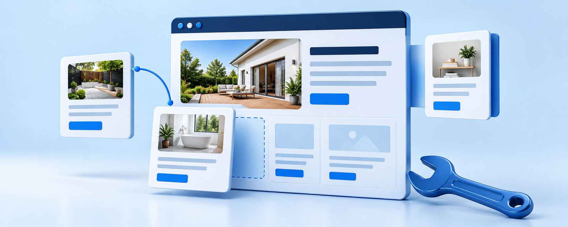 Website illustration with content cards and a blue spanner representing improvements.