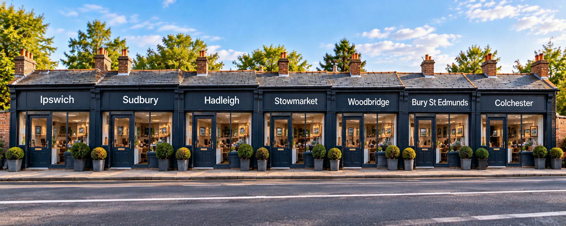 Row of identicle local business storefronts labelled with Ipswich, Sudbury, Hadleigh, Stowmarket, Woodbridge, Bury St Edmunds and Colchester, representing duplicate location landing
