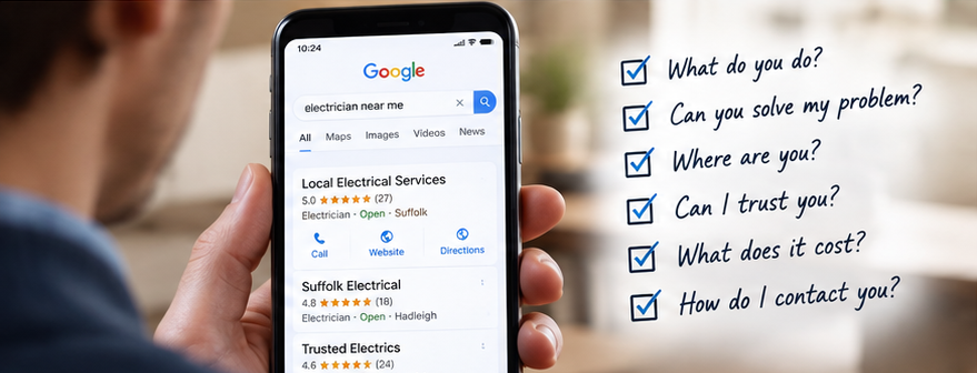 Customer searching for a local business and considering six important website questions