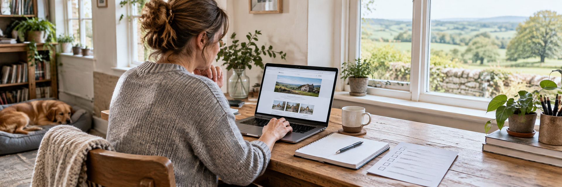 Small-business+owner+reviewing+a+website+and+printed+checklist.
