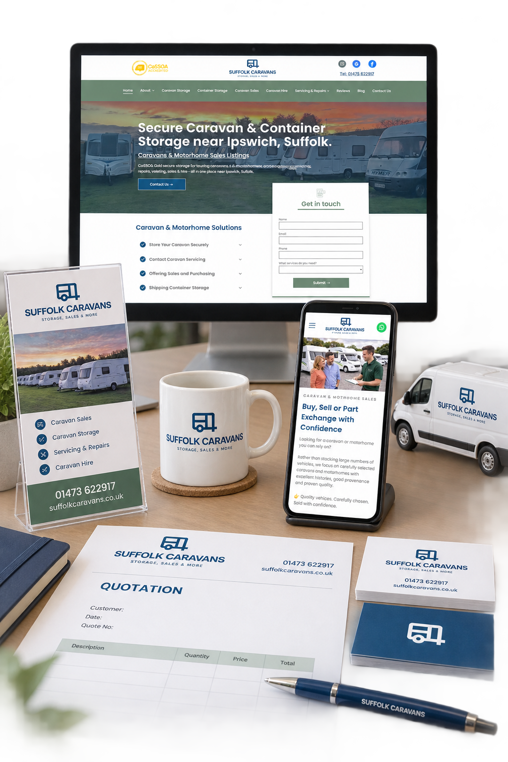 Suffolk Caravans website, mobile site, branded quotation, business cards, mug and sign-written model van