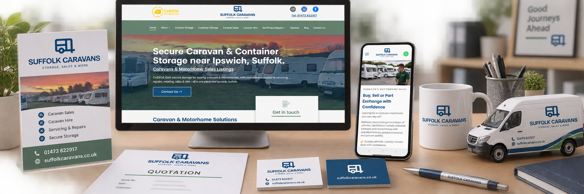 Suffolk Caravans website, mobile site, branded quotation, business cards, mug and sign-written model van