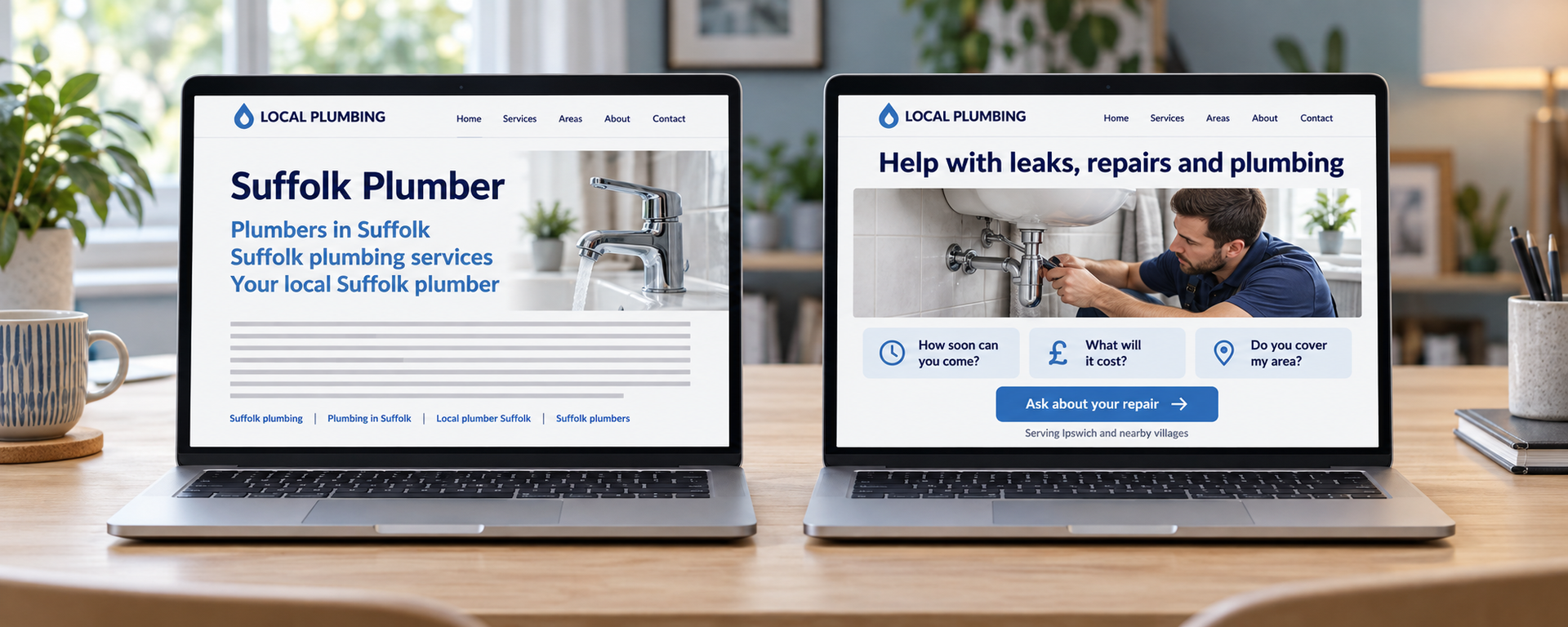 Two laptops comparing a plumbing website with repetitive keywords and one answering customer questions about availability, costs and service areas.