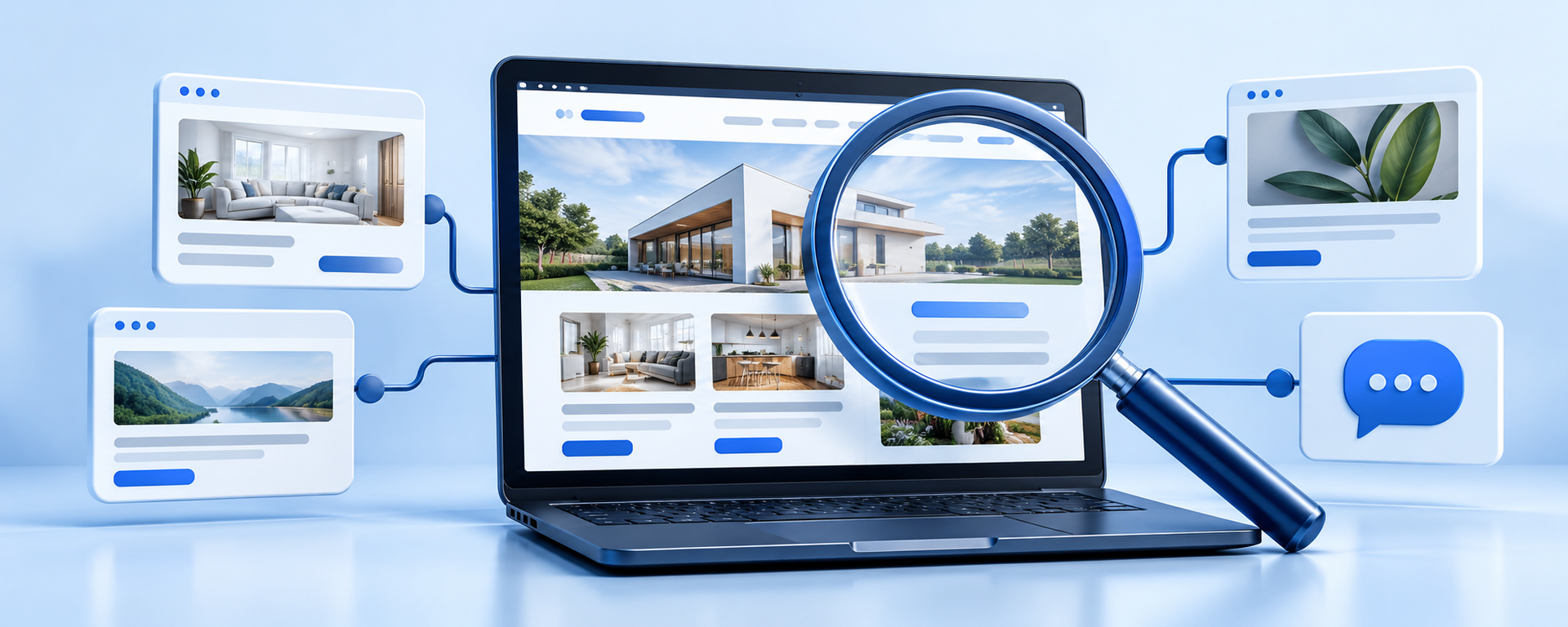 Laptop displaying a website with a magnifying glass and connected pages.