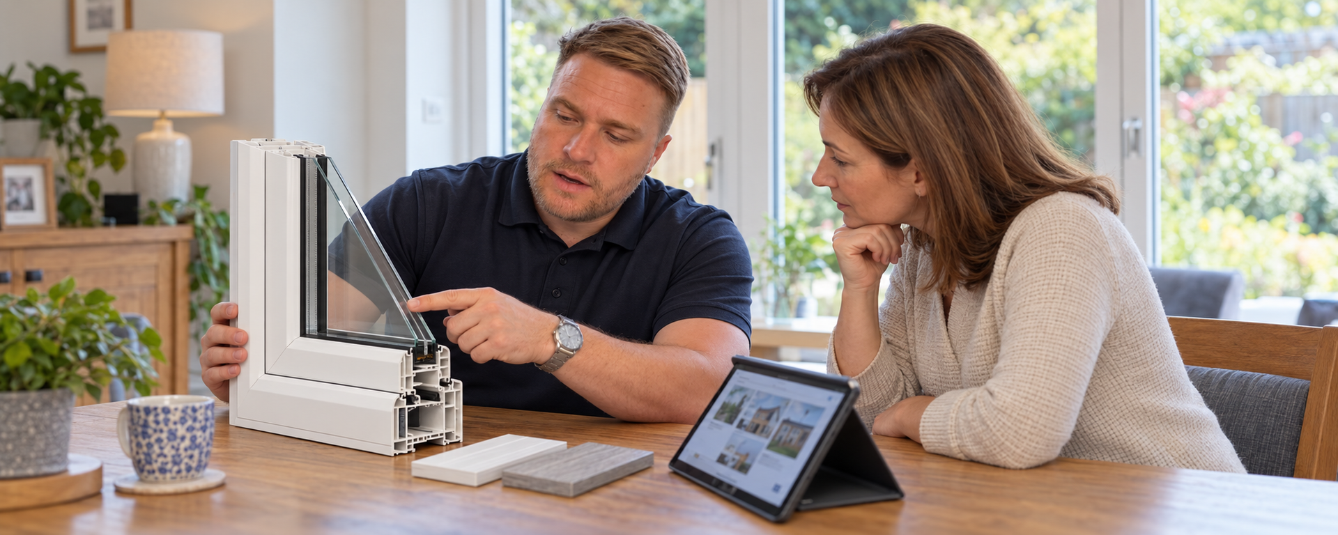Window installer from Suffolk Doors and Windows explaining a double-glazed window sample to a homeowner at her kitchen table.