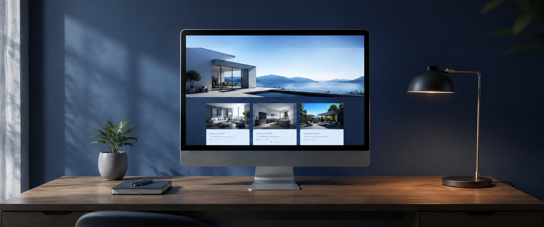 Best web design for small businesses displayed on a desktop computer in a modern blue office.
