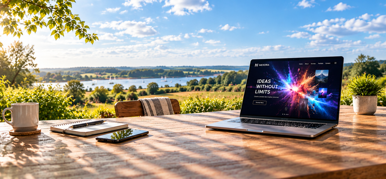 laptop on table outside showing dramatic and stylish website design set in Suffolk countryside