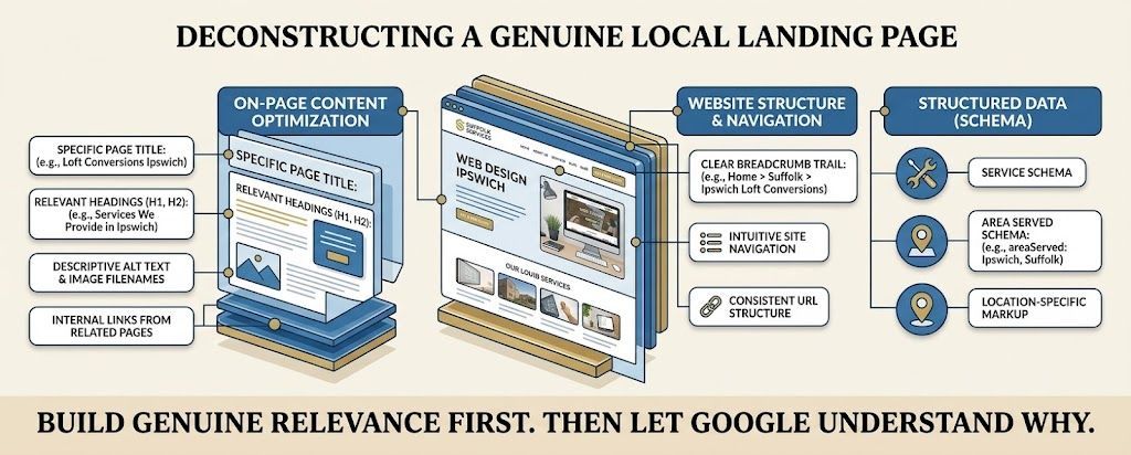 A detailed infographic diagram illustrating the technical SEO pillars of a genuine local landing page: On-Page Elements (titles, headings, links), Structural Elements (navigation, breadcrumbs), and Structured Data (Service and AreaServed Schema) for local relevance.