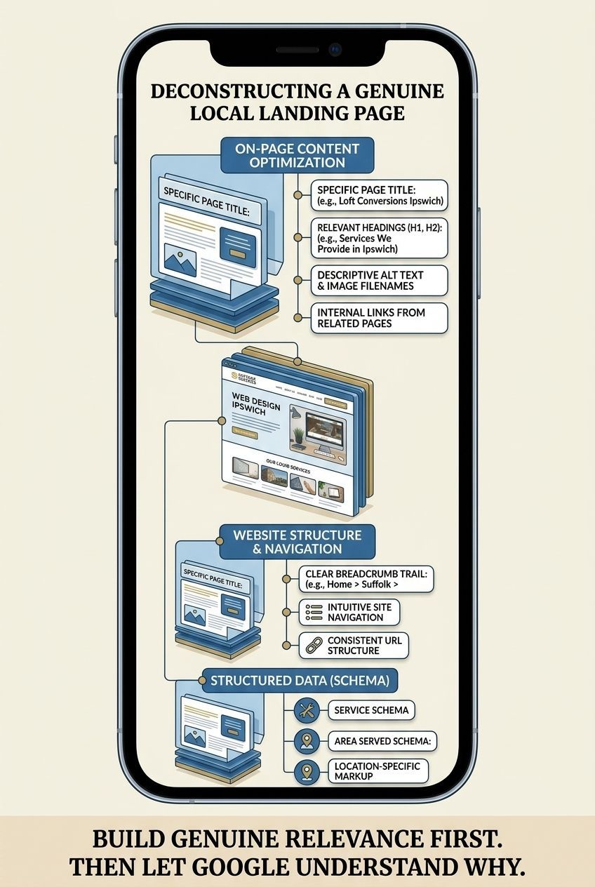 A detailed infographic diagram illustrating the technical SEO pillars of a genuine local landing page: On-Page Elements (titles, headings, links), Structural Elements (navigation, breadcrumbs), and Structured Data (Service and AreaServed Schema) for local relevance.