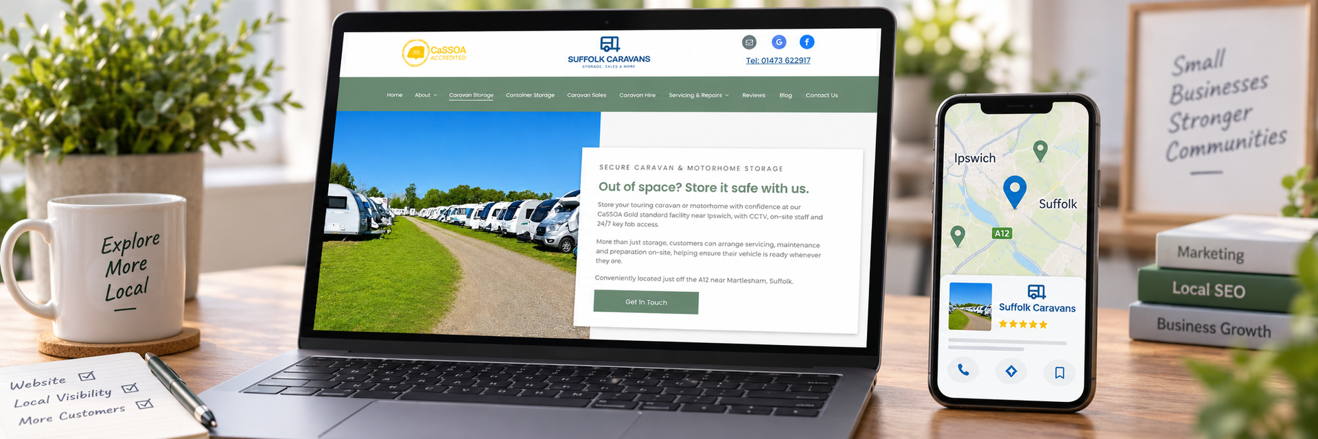 Local business website and map search results displayed on a laptop and phone, created by website-seo.co.uk