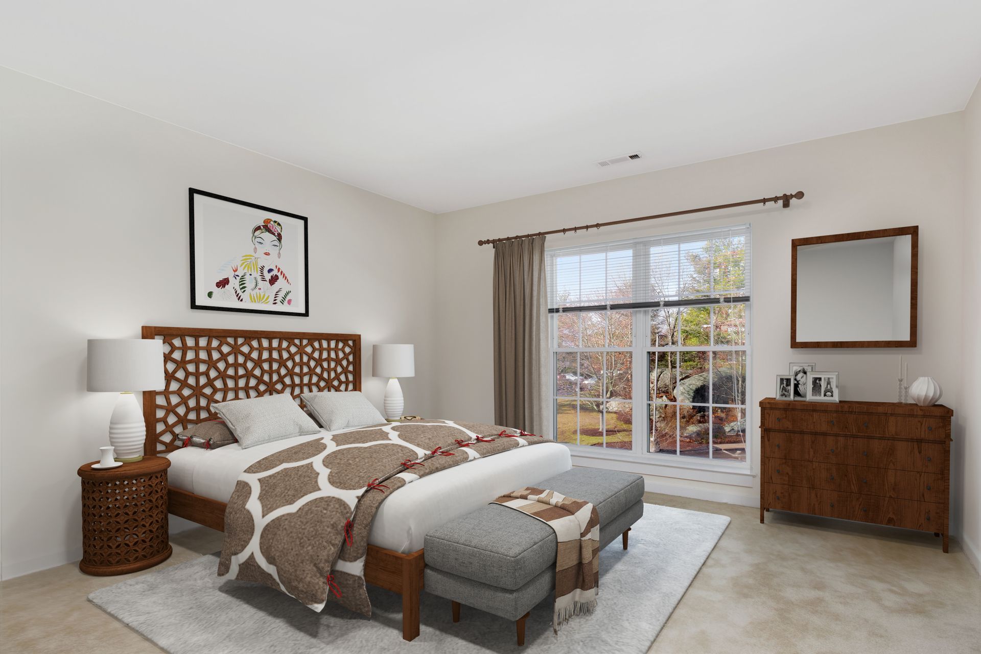 Gradient luxury bedroom with modern bed frame, side tables, wall art, dresser, and oversized window. 