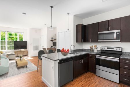 Gradient modern apartment with kitchen and living room.