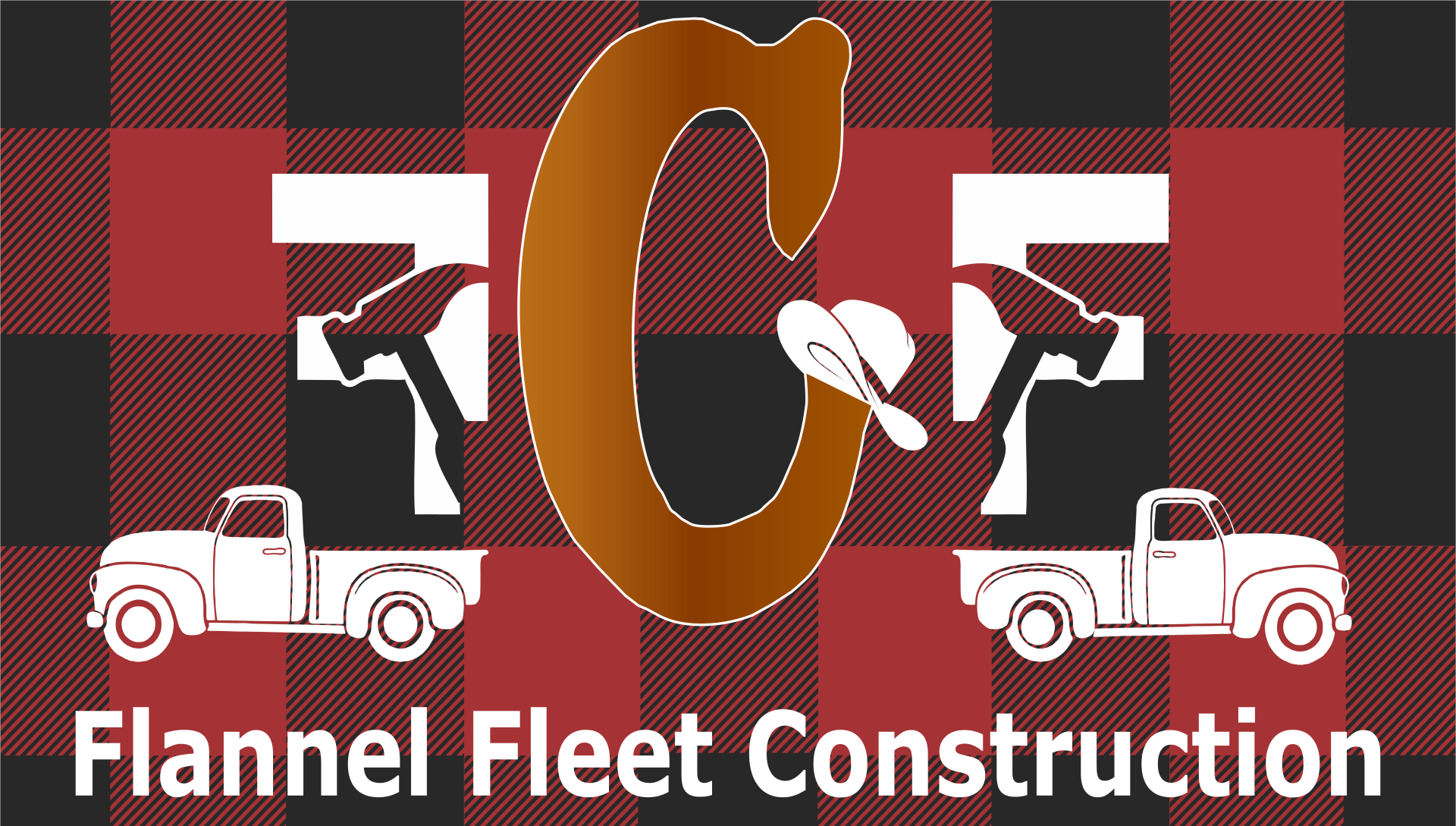 A logo for flannel fleet construction with three trucks on a checkered background.