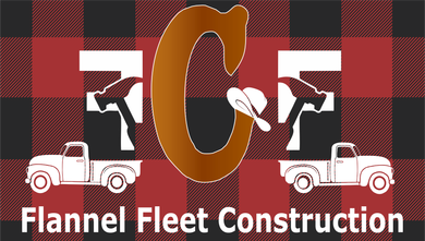 A logo for flannel fleet construction with three trucks on a checkered background.