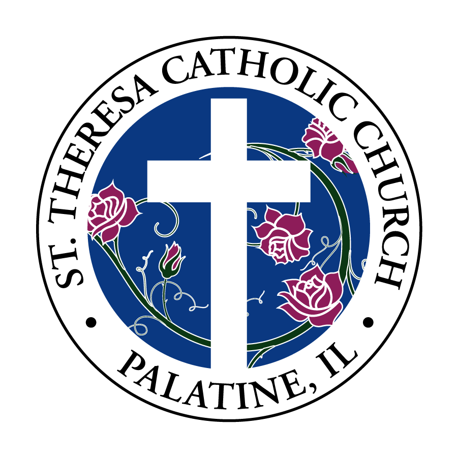 St. Theresa Catholic Church logo with white cross, roses, and “Palatine, IL” text