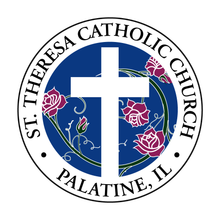 St. Theresa Catholic Church logo with white cross, roses, and “Palatine, IL” text