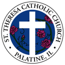 St. Theresa Catholic Church seal with white cross, blue circle, pink roses, and “Palatine, IL” text