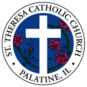 St. Theresa Catholic Church seal with white cross, blue circle, pink roses, and “Palatine, IL” text
