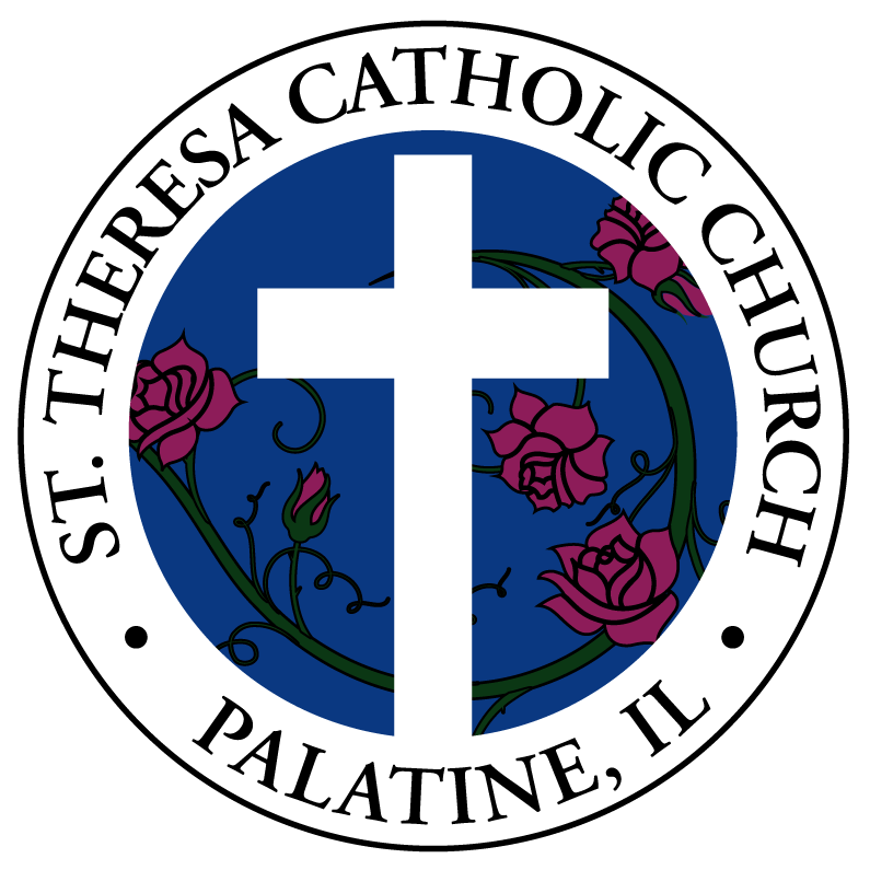 St. Theresa Catholic Church seal with white cross, blue circle, pink roses, and “Palatine, IL” text