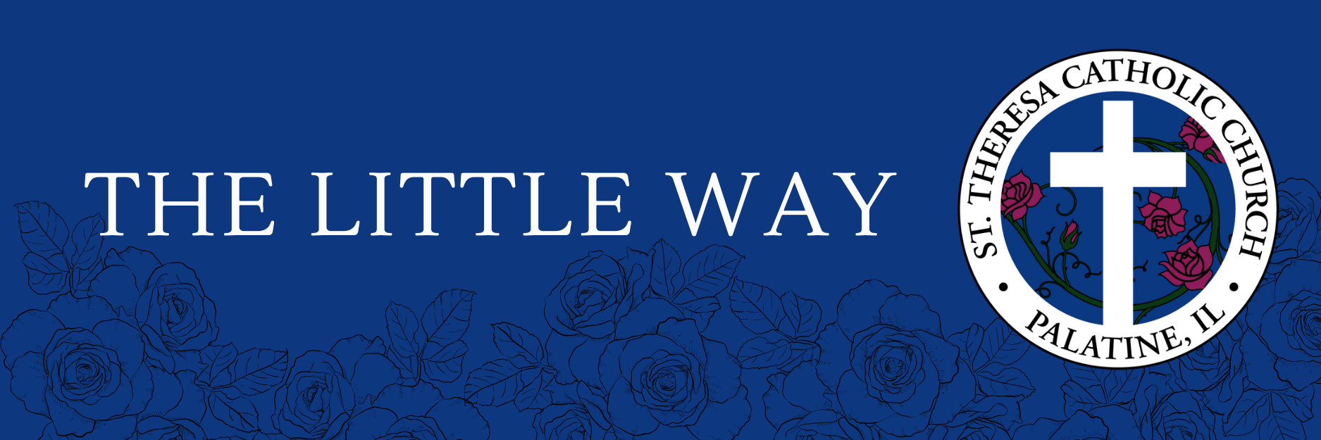 Blue background with white text and black rose design.